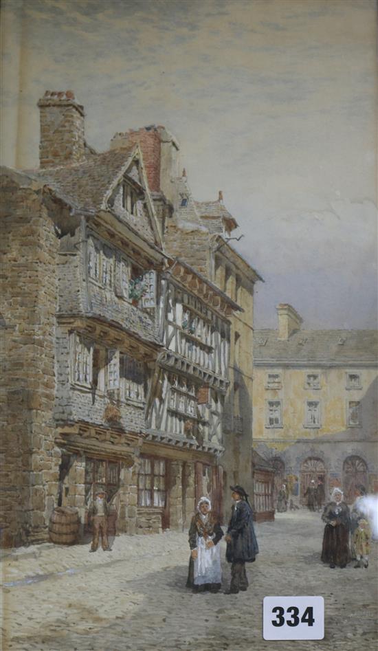 William Hyams Ditchling street scene and a view of a Flemish town by another hand 25 x 34cm. & 36 x 21cm.